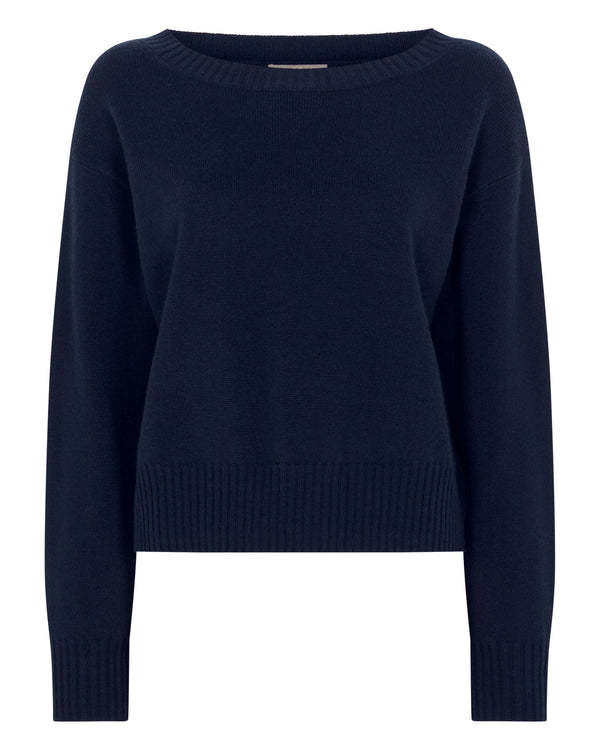 N.Peal Women's Crop Boat Neck Cashmere Jumper Navy Blue