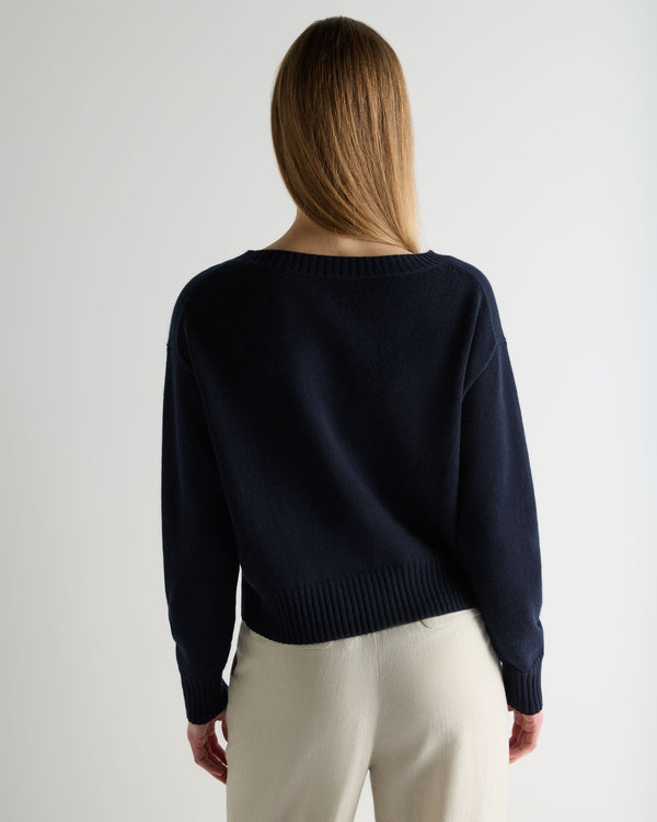 N.Peal Women's Crop Boat Neck Cashmere Jumper Navy Blue