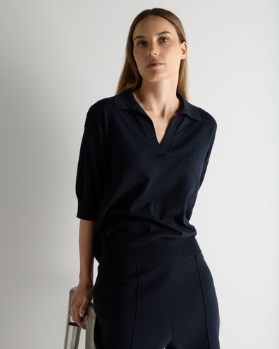 N.Peal Women's Cotton Blend Polo Top Navy Blue