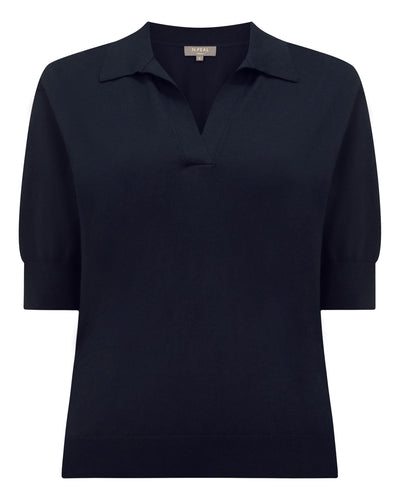 N.Peal Women's Cotton Blend Polo Top Navy Blue