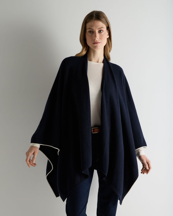 N.Peal Women's Contrast Trim Cashmere Cape Navy Blue