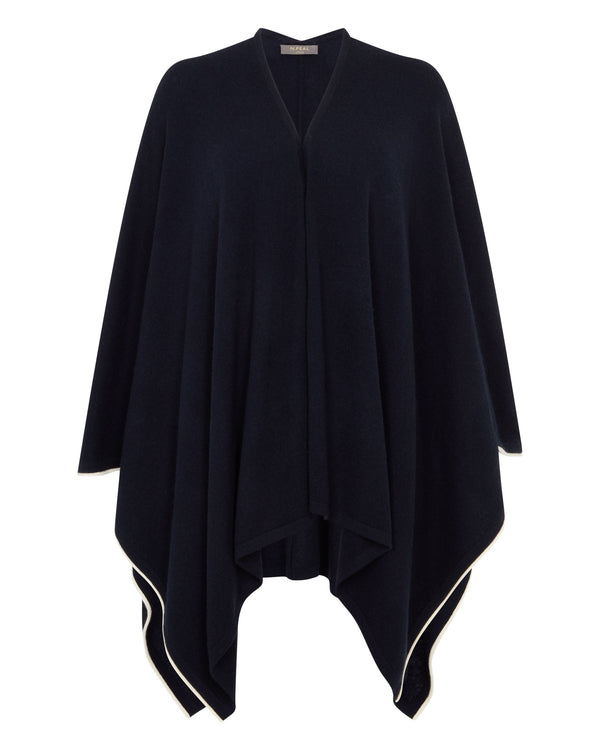 N.Peal Women's Contrast Trim Cashmere Cape Navy Blue