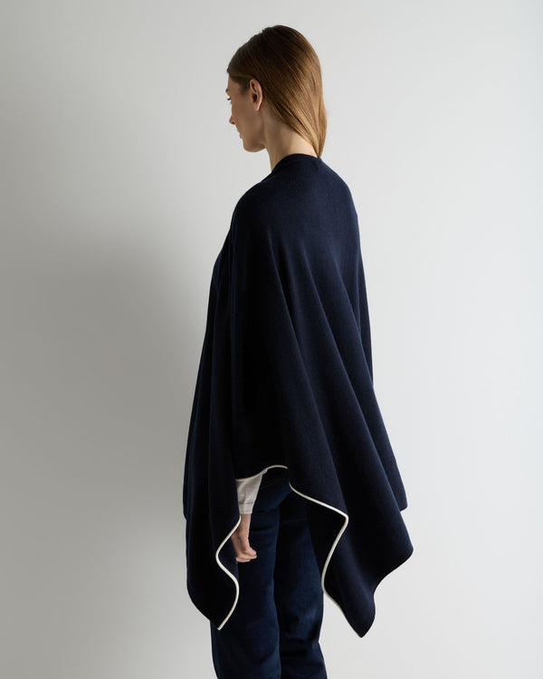 N.Peal Women's Contrast Trim Cashmere Cape Navy Blue
