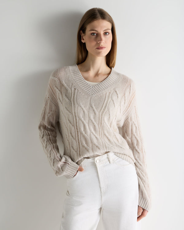 N.Peal Women's Open Cable V Neck Cashmere Jumper Pebble Grey
