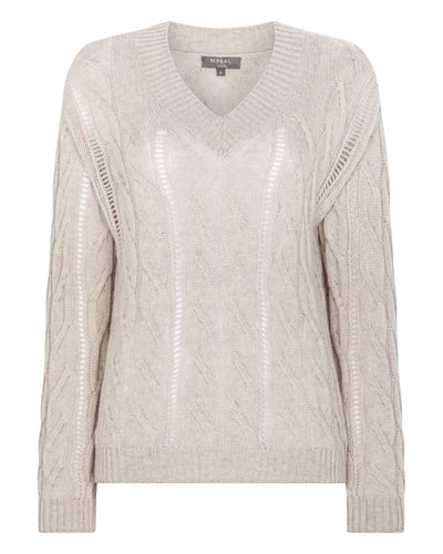 N.Peal Women's Open Cable V Neck Cashmere Jumper Pebble Grey