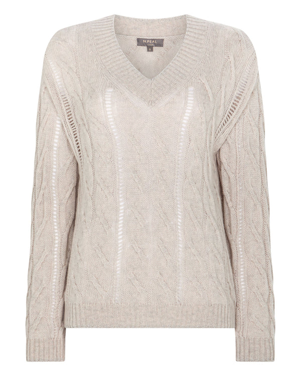 N.Peal Women's Open Cable V Neck Cashmere Jumper Pebble Grey