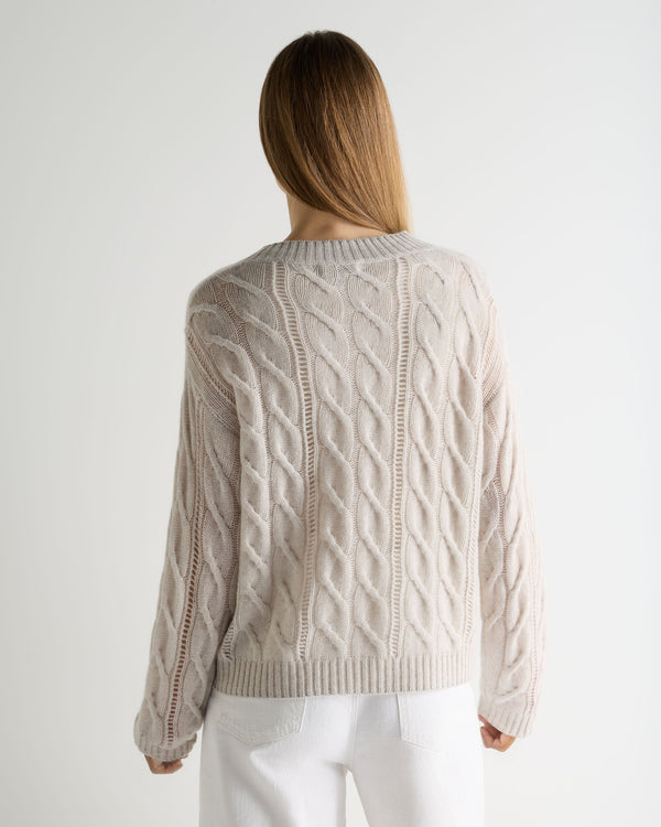 N.Peal Women's Open Cable V Neck Cashmere Jumper Pebble Grey