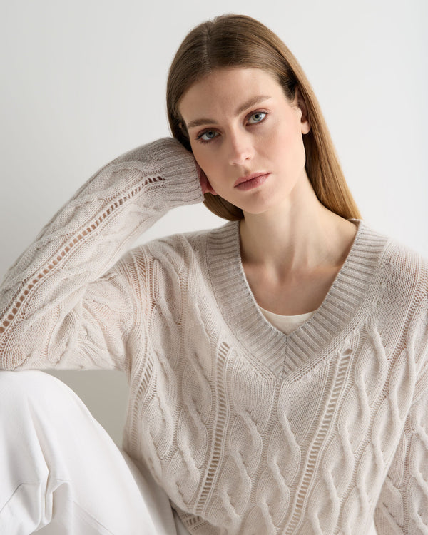 N.Peal Women's Open Cable V Neck Cashmere Jumper Pebble Grey