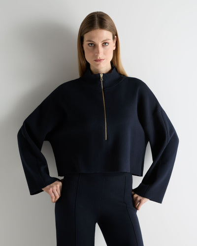 N.Peal Women's Half Zip Cotton Blend Sweatshirt Navy Blue