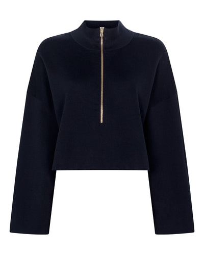 N.Peal Women's Half Zip Cotton Blend Sweatshirt Navy Blue