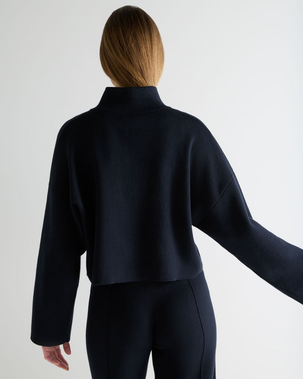 N.Peal Women's Half Zip Cotton Blend Sweatshirt Navy Blue