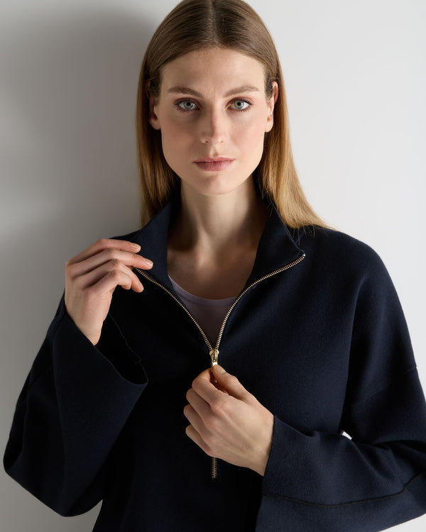 N.Peal Women's Half Zip Cotton Blend Sweatshirt Navy Blue