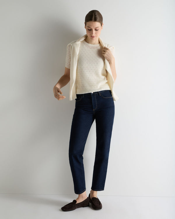 N.Peal Women's Lace Stitch Cashmere T-Shirt New Ivory White Sparkle