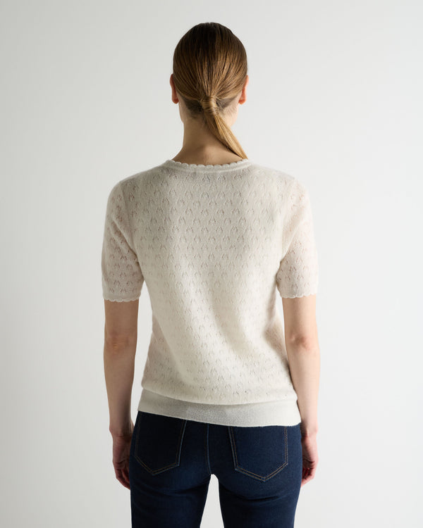 N.Peal Women's Lace Stitch Cashmere T-Shirt New Ivory White Sparkle