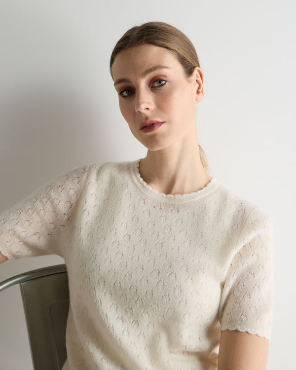 N.Peal Women's Lace Stitch Cashmere T-Shirt New Ivory White Sparkle