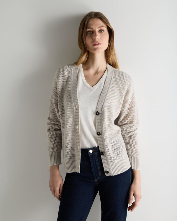 N.Peal Women's Azure Stitch Cashmere Cardigan Pebble Grey Sparkle