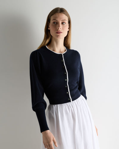 N.Peal Women's Lace Trim Cashmere Cardigan Navy Blue