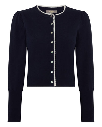N.Peal Women's Lace Trim Cashmere Cardigan Navy Blue