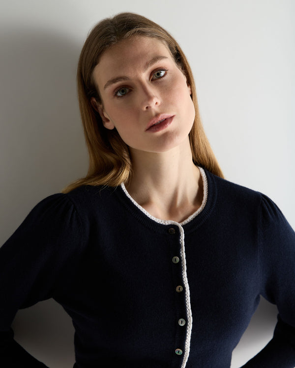 N.Peal Women's Lace Trim Cashmere Cardigan Navy Blue