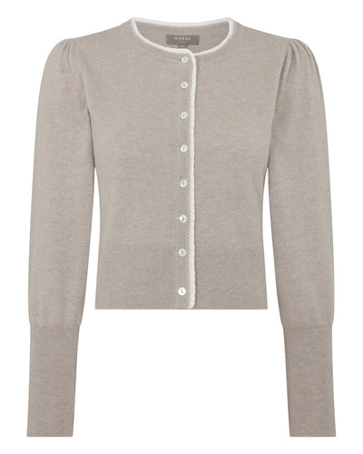 N.Peal Women's Lace Trim Cashmere Cardigan Oat Grey