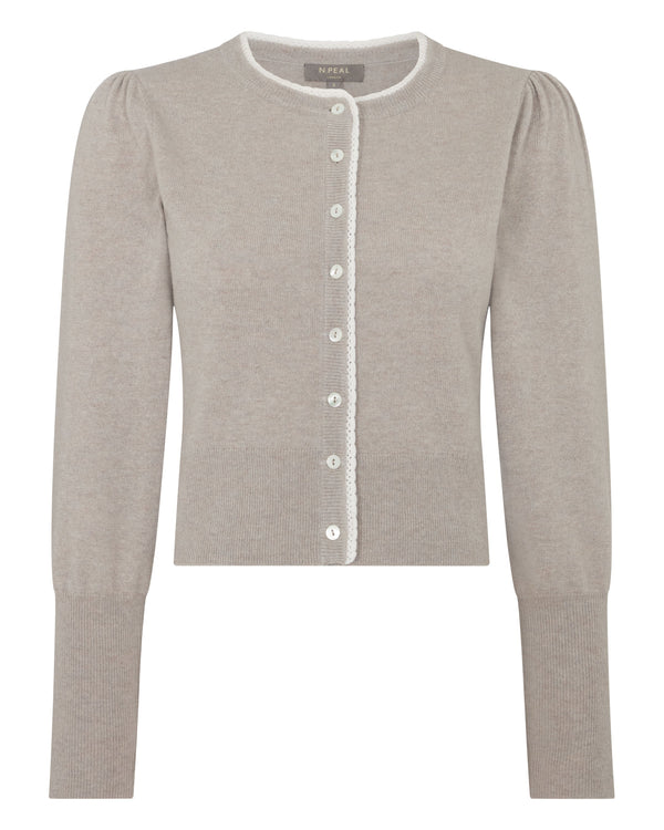 N.Peal Women's Lace Trim Cashmere Cardigan Oat Grey