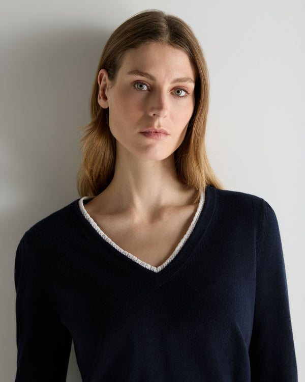 N.Peal Women's Lace Trim V Neck Cashmere Jumper Navy Blue