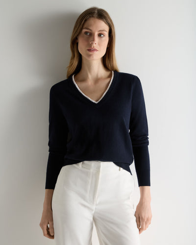 N.Peal Women's Lace Trim V Neck Cashmere Jumper Navy Blue