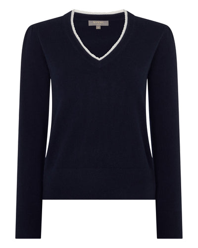 N.Peal Women's Lace Trim V Neck Cashmere Jumper Navy Blue