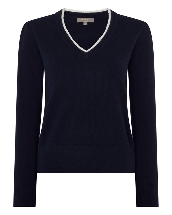 N.Peal Women's Lace Trim V Neck Cashmere Jumper Navy Blue