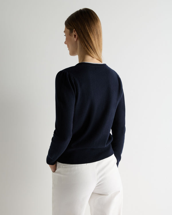 N.Peal Women's Lace Trim V Neck Cashmere Jumper Navy Blue