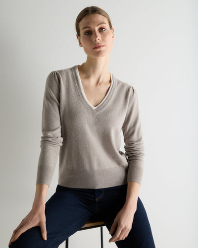 N.Peal Women's Lace Trim V Neck Cashmere Jumper Oat Grey