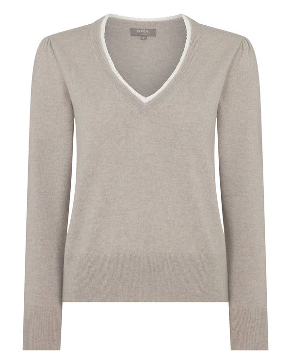 N.Peal Women's Lace Trim V Neck Cashmere Jumper Oat Grey