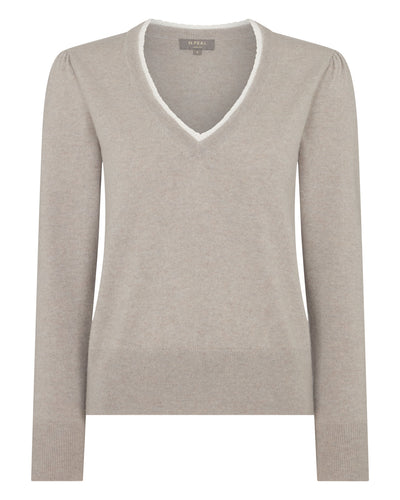 N.Peal Women's Lace Trim V Neck Cashmere Jumper Oat Grey