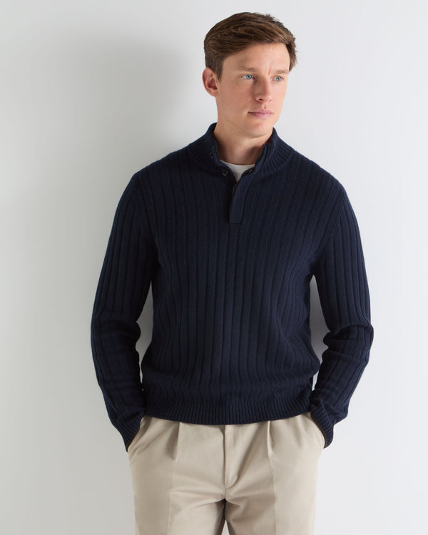N.PEAL x TUCCI RIB HALF BUTTON SWEATER Navy Blue