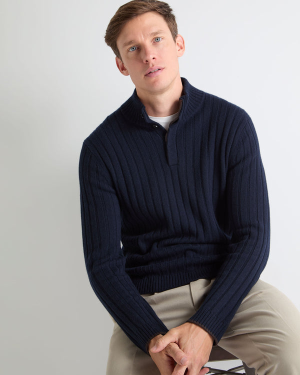 N.PEAL x TUCCI RIB HALF BUTTON SWEATER Navy Blue