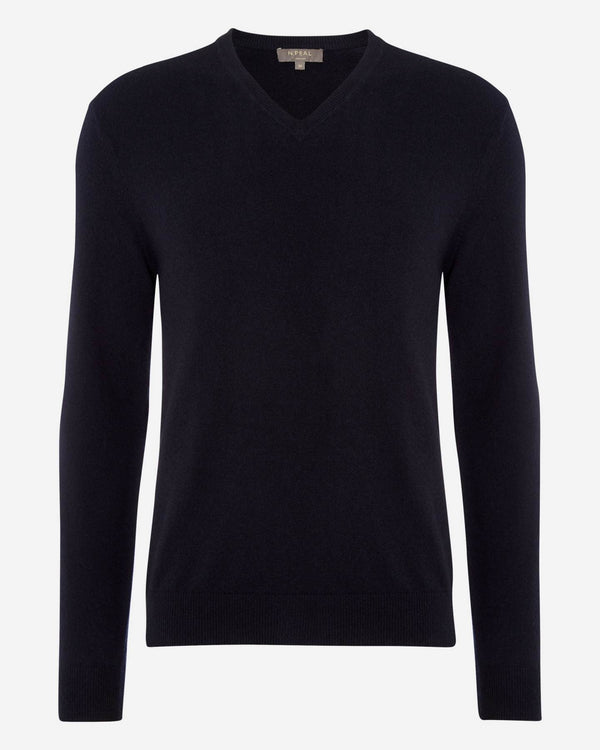 N.Peal Men's Burlington V Neck Cashmere Jumper Navy Blue
