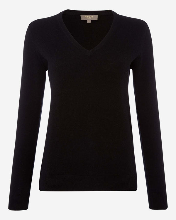 N.Peal Women's Phoebe V Neck Cashmere Jumper Black