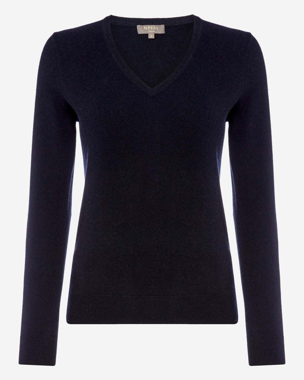 N.Peal Women's Phoebe V Neck Cashmere Jumper Navy Blue