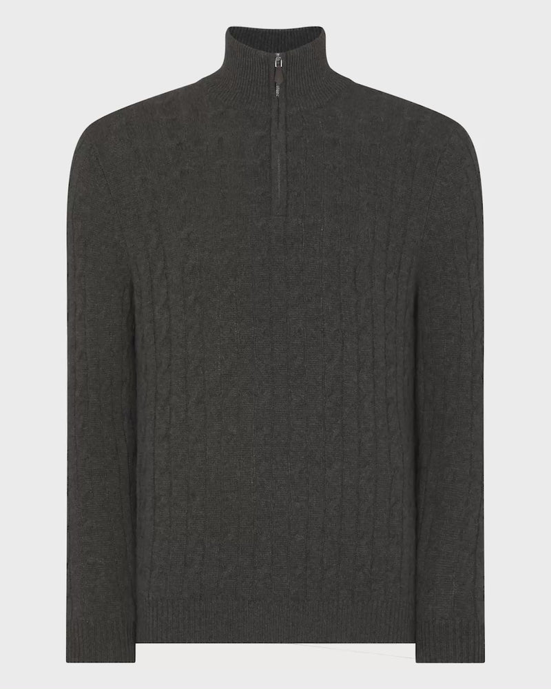 N.Peal Men's Albemarle Cable Half Zip Cashmere Jumper Grey Moss