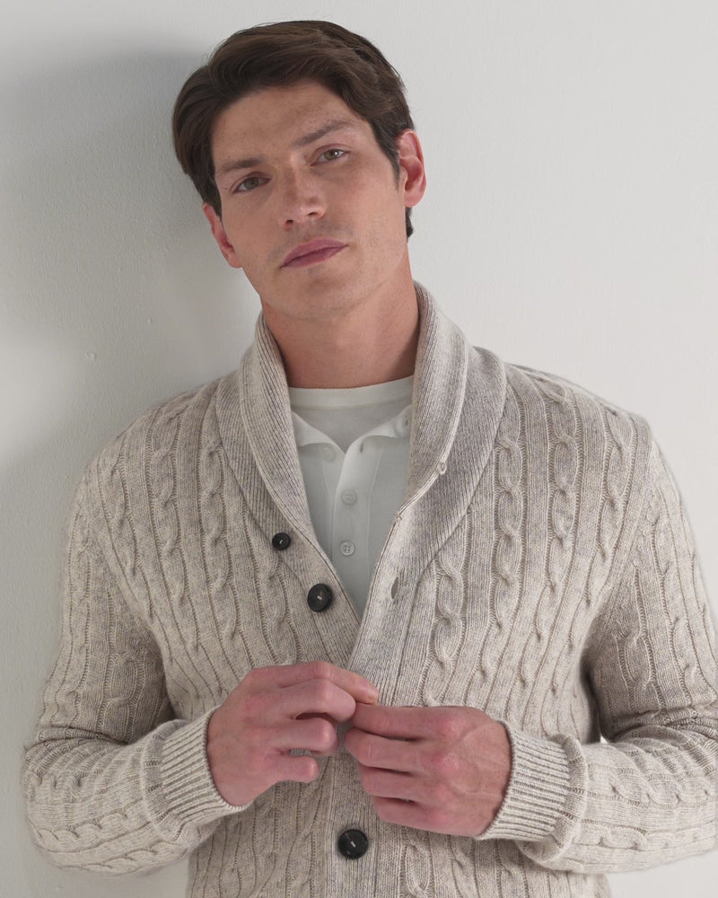 N.Peal Men's Garrick Shawl Cable Cashmere Cardigan Nougat Brown Marl