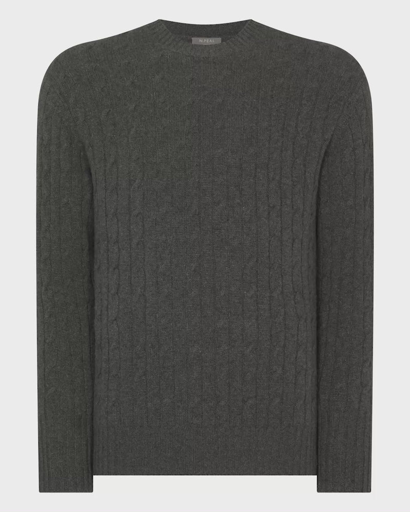 N.Peal Men's Thames Cable Round Neck Cashmere Jumper Grey Moss