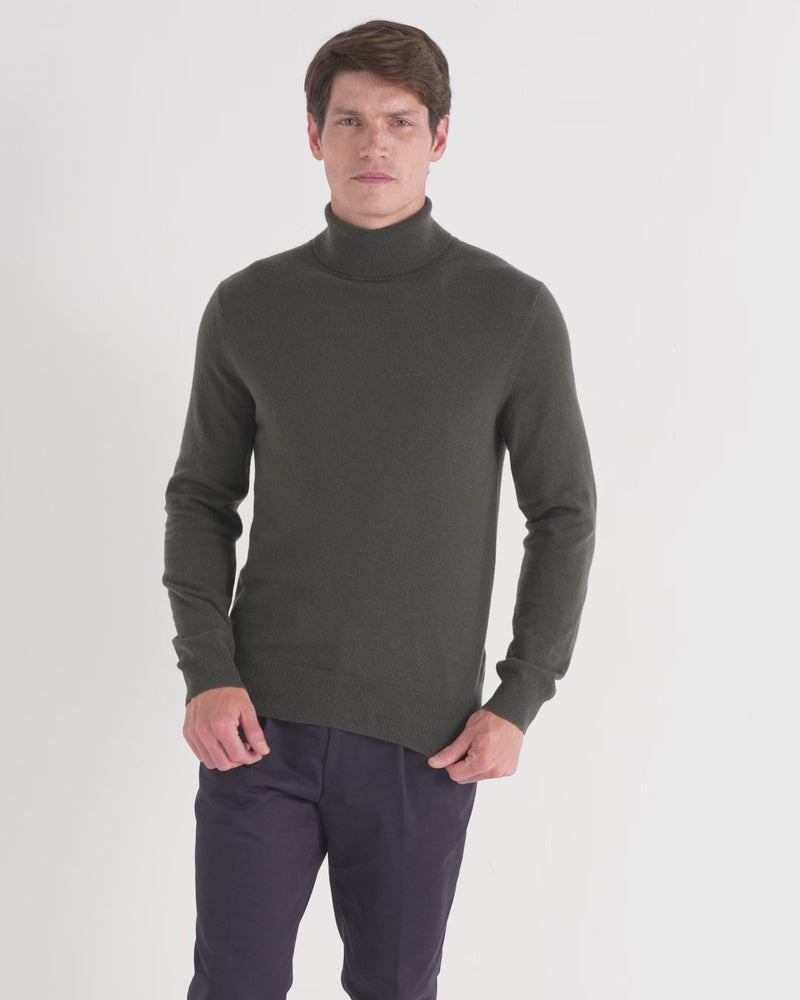 N.Peal Men's Trafalgar Roll Neck Cashmere Jumper Arabica Khaki Green