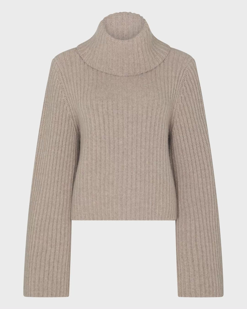 N.Peal Women's Ribbed Bell Sleeve Cashmere Jumper Oatmeal Brown