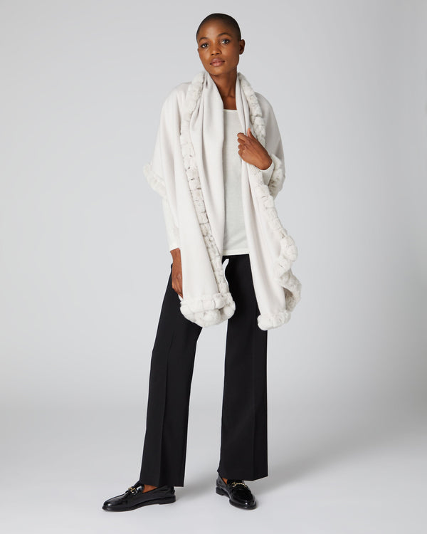 N.Peal Women's Fur Trim Woven Cashmere Shawl Snow Grey