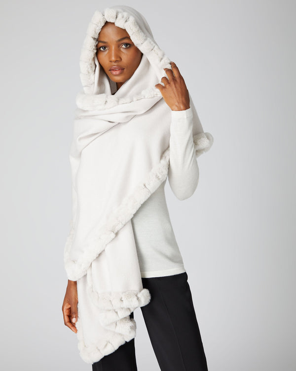 N.Peal Women's Fur Trim Woven Cashmere Shawl Snow Grey