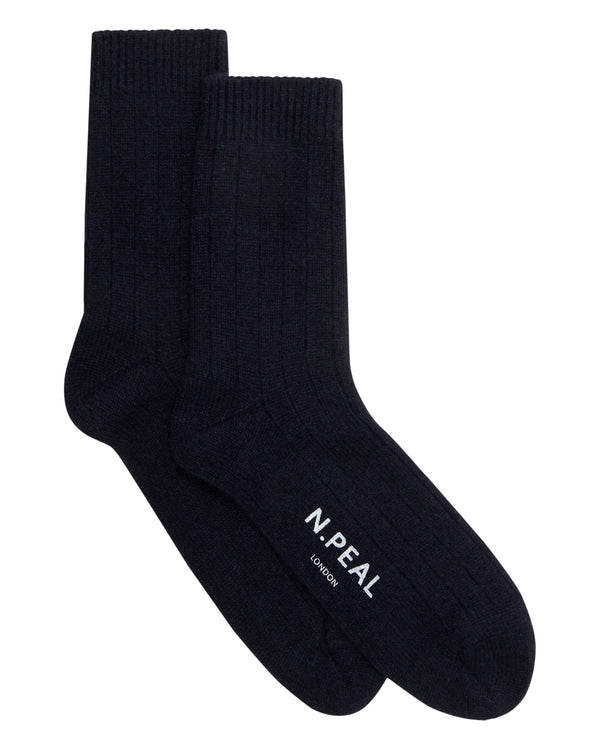 N.Peal Men's Rib Cashmere House Socks Navy Blue