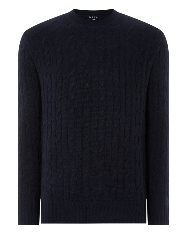 N.Peal Men's The Thames Cable Cashmere Jumper Navy Blue