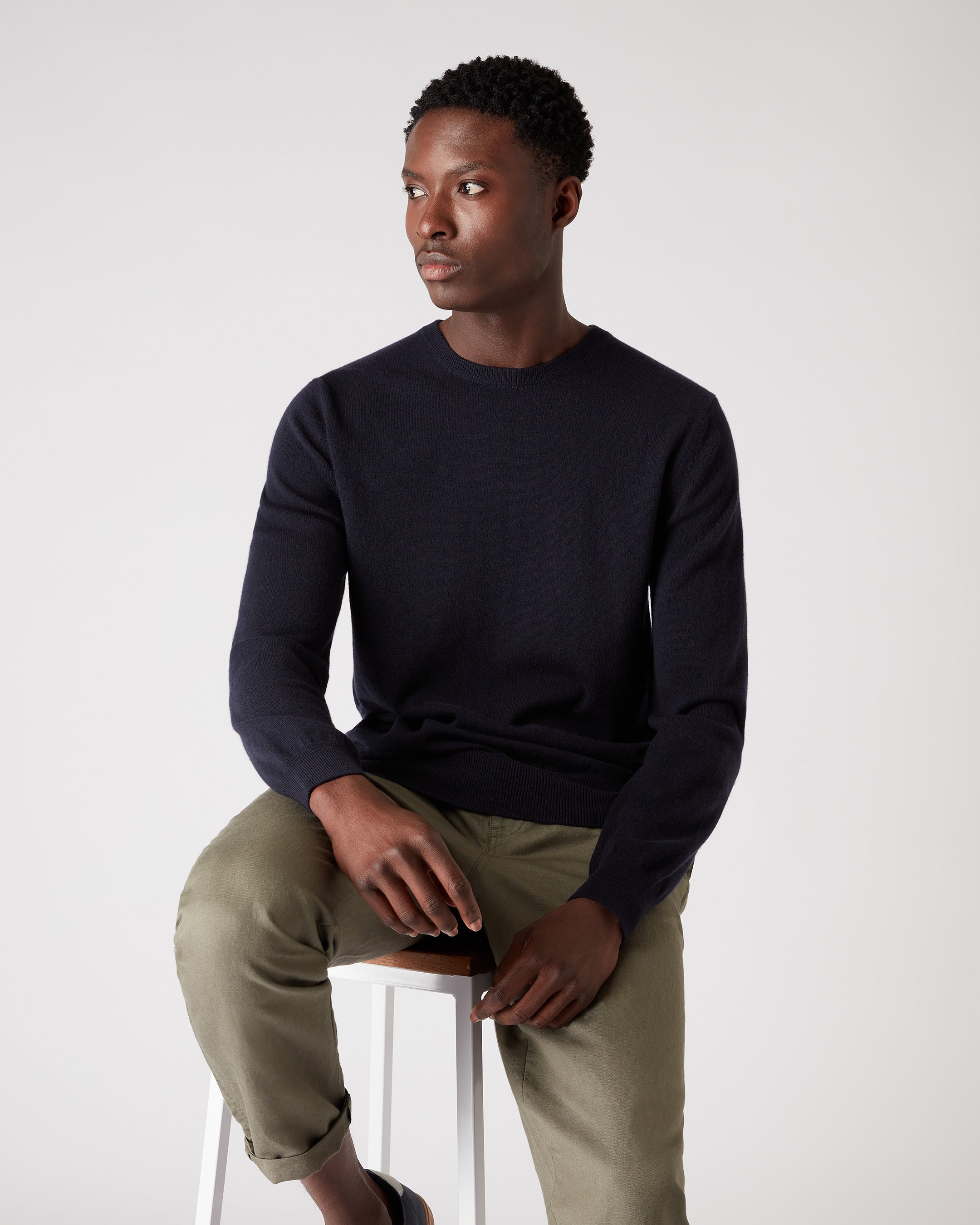 Men's Oxford Round Neck Cashmere Jumper Navy Blue | N.Peal