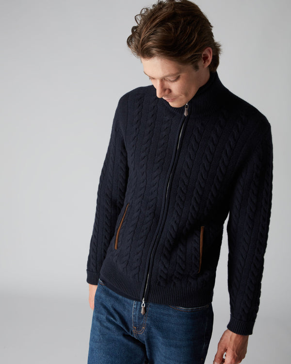 N.Peal Men's The Richmond Cable Cashmere Cardigan Navy Blue