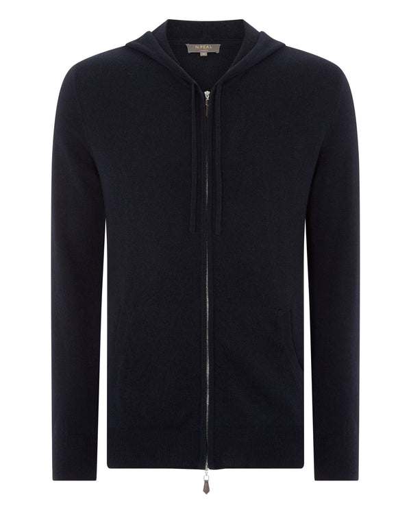 N.Peal Men's Hooded Zipped Cashmere Top Navy Blue
